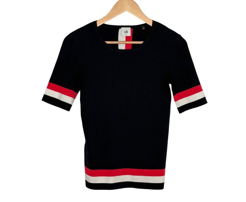 CAbi‎ XS Black Knit Short Sleeve Sweater Top Red Cream Stripe